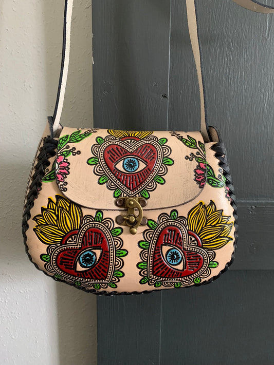 Structured Hand Tooled Leather Crossbody – Floral Evil Eye Mexican Artisan Purse – Double Sided Genuine Leather Bag