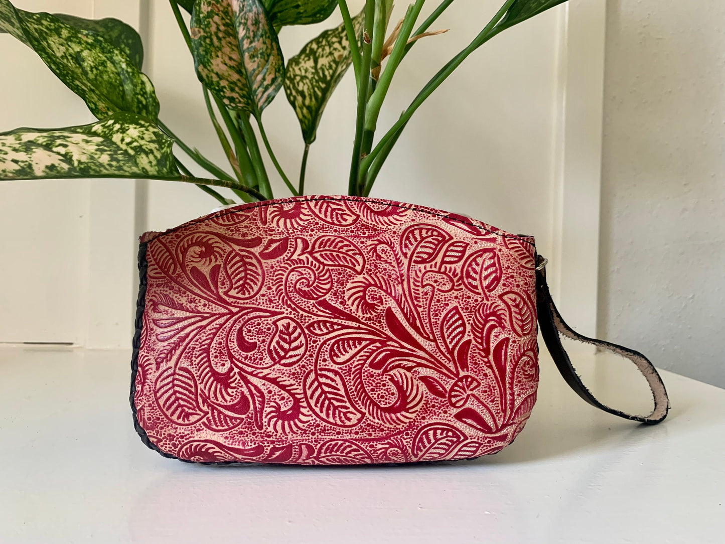 Hand-Tooled Leather Wristlet: Embossed Floral Design, Made in Mexico