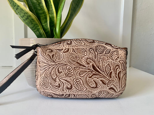 Hand-Tooled Leather Floral Wristlet: Genuine Mexican Leather