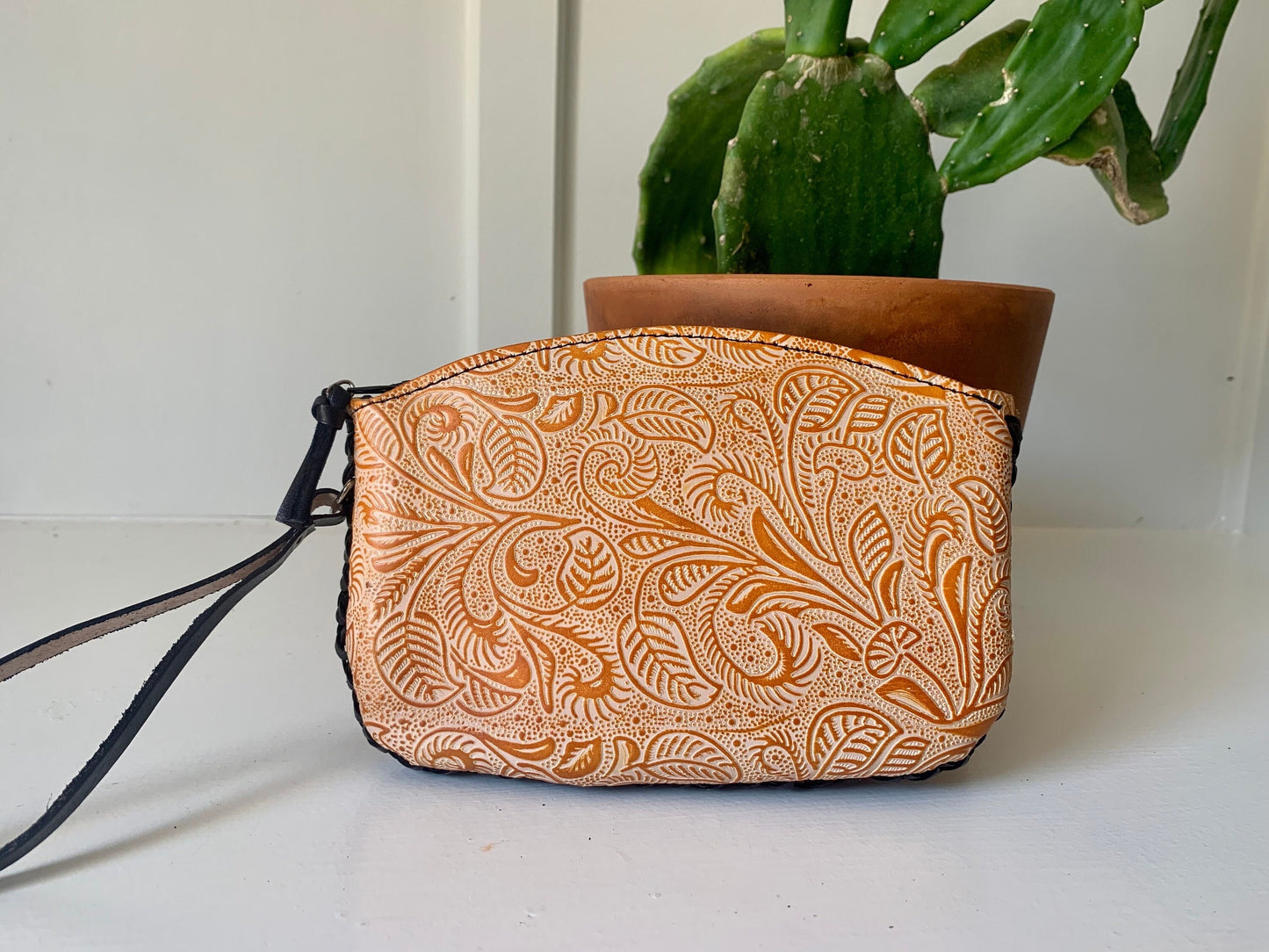 Hand-Tooled Leather Floral Wristlet: Genuine Mexican Leather
