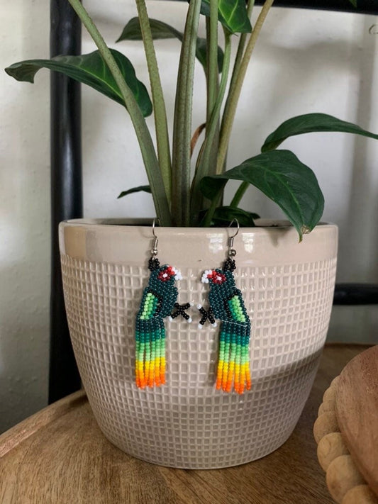 Handmade Beaded Earrings, Wixarika Beaded Earrings, Parrot Oaxaca Mexican Artisan Made, Huichol Earrings, Aretes Mexicanos / Chaquira