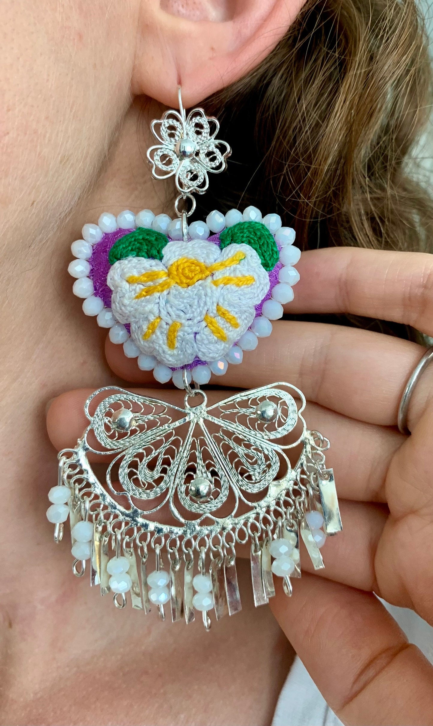 Embroidered Heart Earrings: Traditional Mexican Porcelain Jewelry