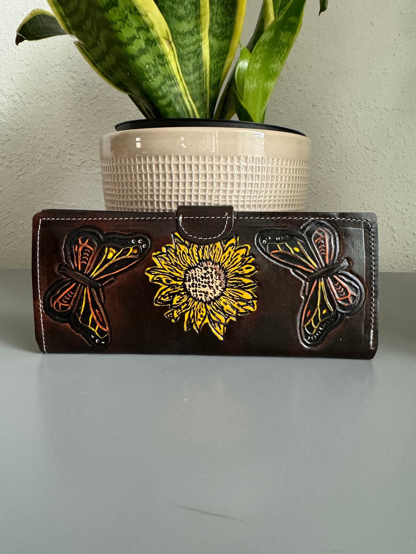 Hand Tooled Leather Wallet, Genuine Handmade Artisan Leather Sunflower and Monarch Butterfly Wallet, Mexican Moderno De Piel