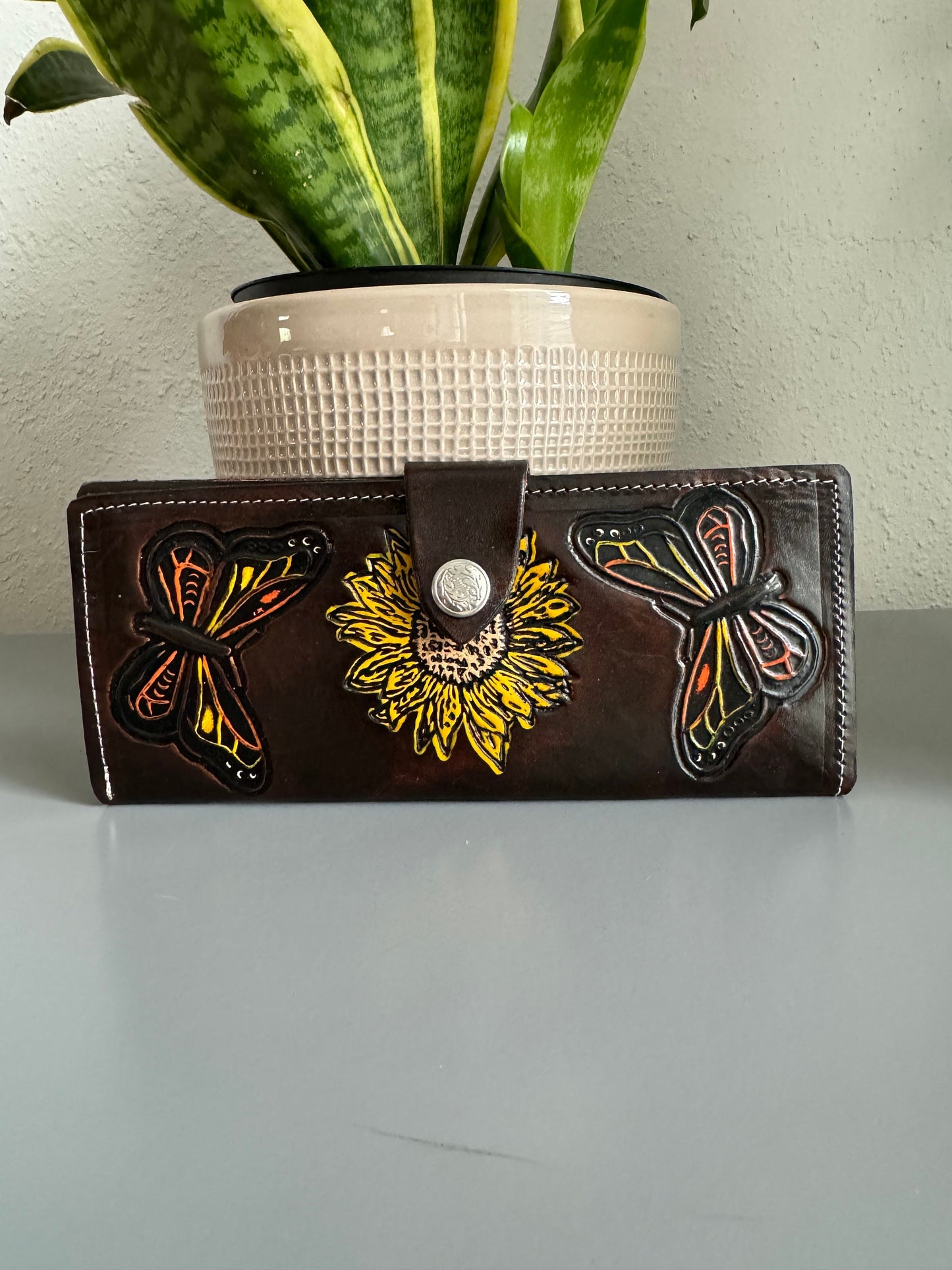 Hand Tooled Leather Wallet, Genuine Handmade Artisan Leather Sunflower and Monarch Butterfly Wallet, Mexican Moderno De Piel