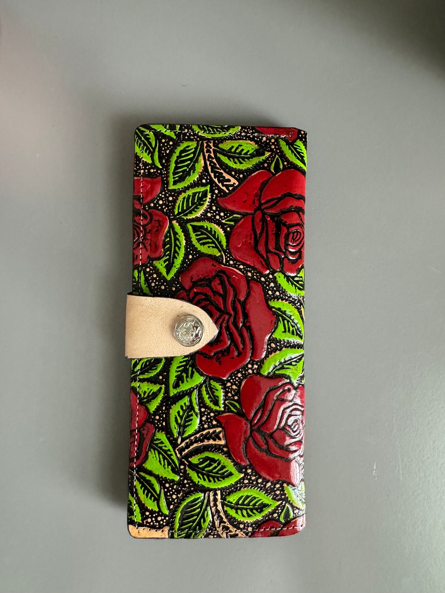 Hand Tooled Leather Rose Wallet, Artisan Bi-Fold, Mexican Moderno