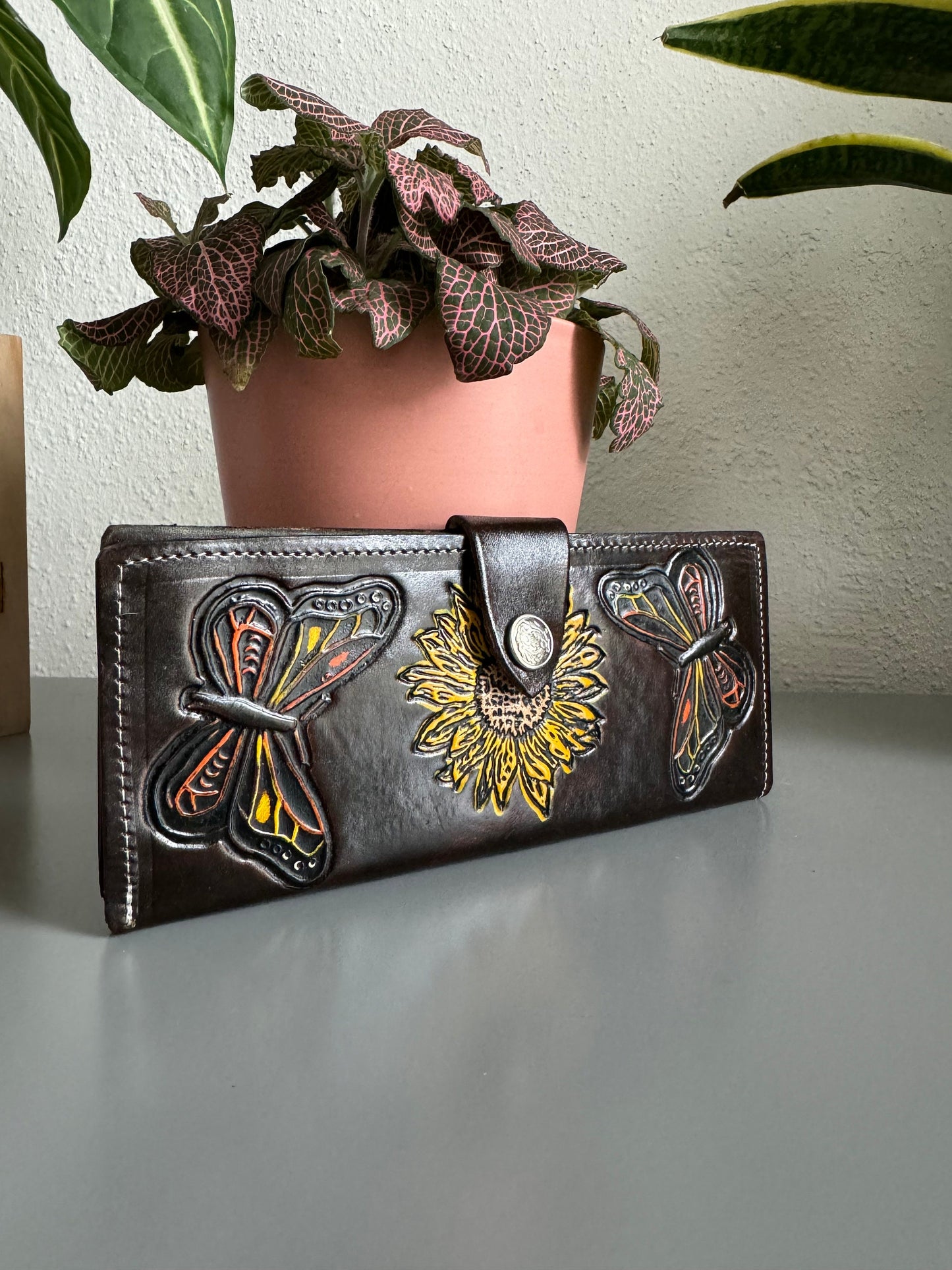 Hand Tooled Leather Wallet, Genuine Handmade Artisan Leather Sunflower and Monarch Butterfly Wallet, Mexican Moderno De Piel