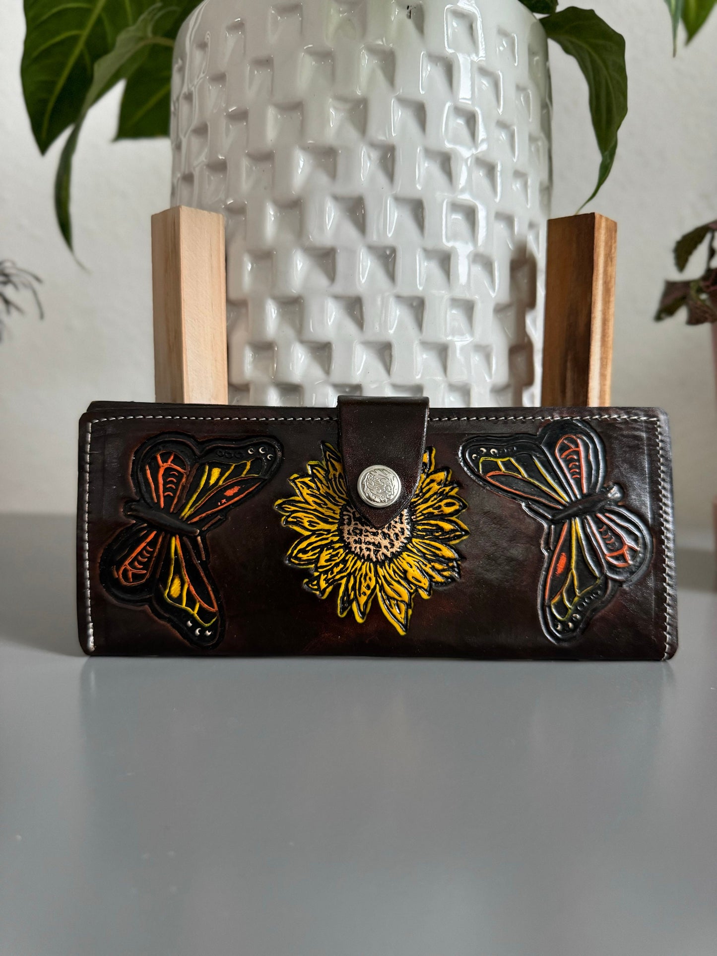 Hand Tooled Leather Wallet, Genuine Handmade Artisan Leather Sunflower and Monarch Butterfly Wallet, Mexican Moderno De Piel