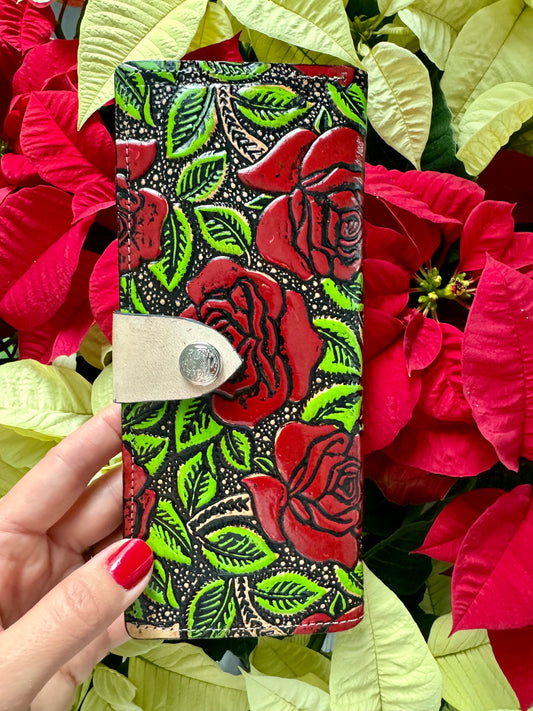Hand Tooled Leather Rose Wallet, Artisan Bi-Fold, Mexican Moderno