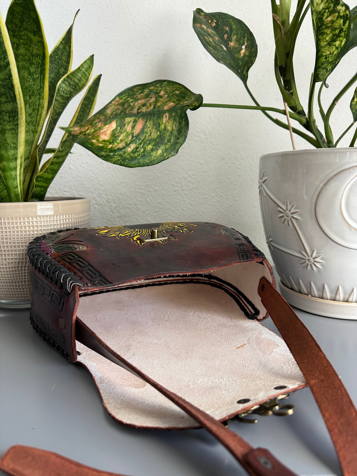 Leather Hand-Tooled Embossed Mexican Floral Handbag / Handmade Sunflower Butterfly Purse/ Artesanal Bag