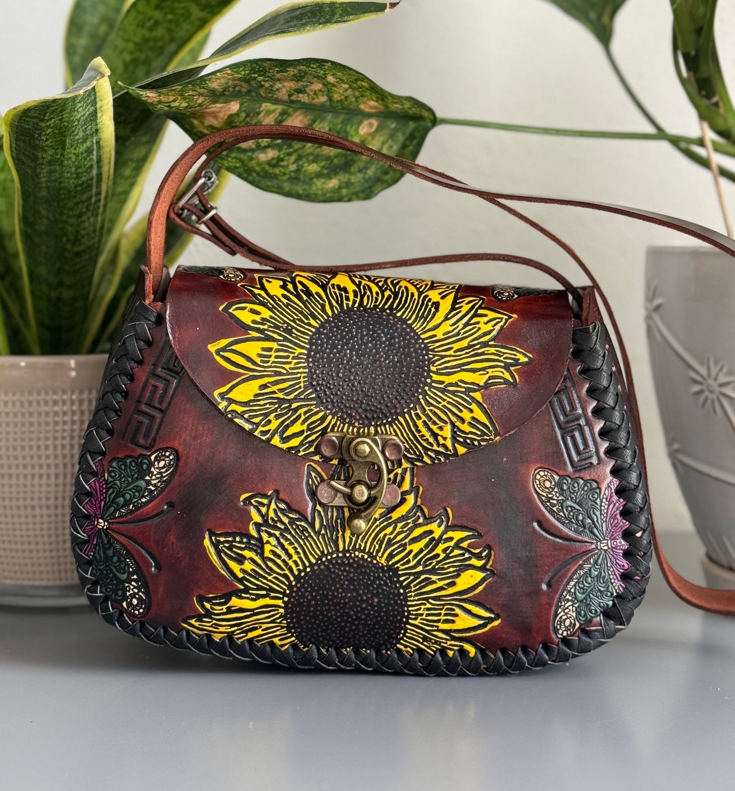 Leather Hand-Tooled Embossed Mexican Floral Handbag / Handmade Sunflower Butterfly Purse/ Artesanal Bag
