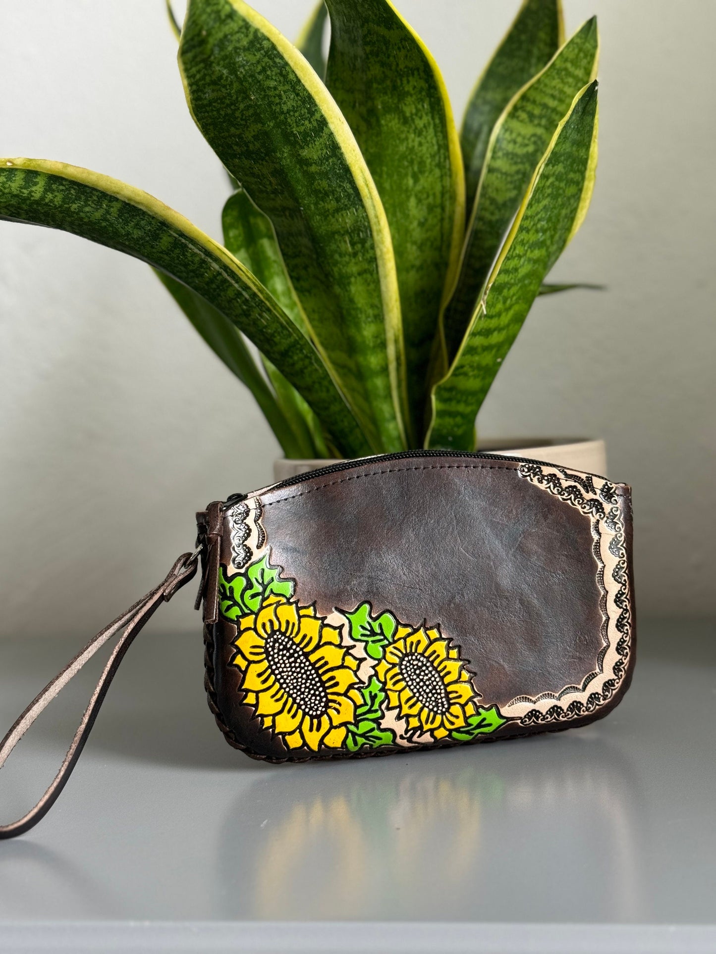 Hand-Tooled Embossed Leather Floral Sunflower Wristlet, Genuine Mexican Leather Bag