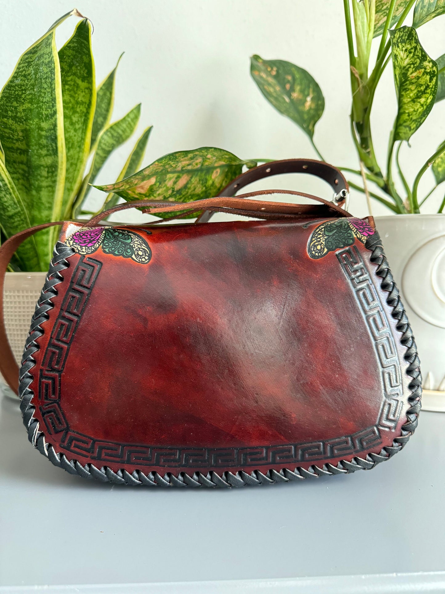 Leather Hand-Tooled Embossed Mexican Floral Handbag / Handmade Sunflower Butterfly Purse/ Artesanal Bag