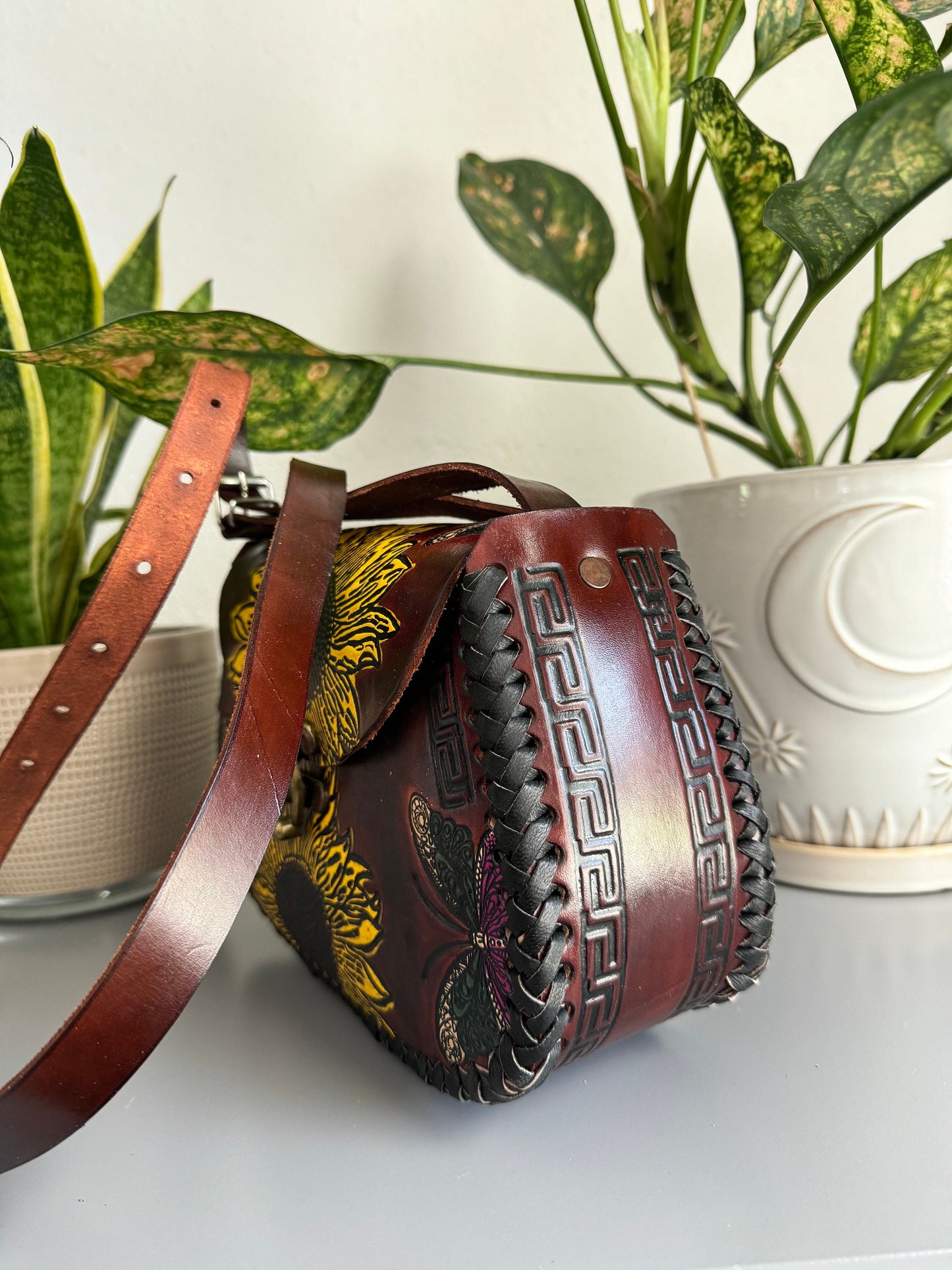 Leather Hand-Tooled Embossed Mexican Floral Handbag / Handmade Sunflower Butterfly Purse/ Artesanal Bag