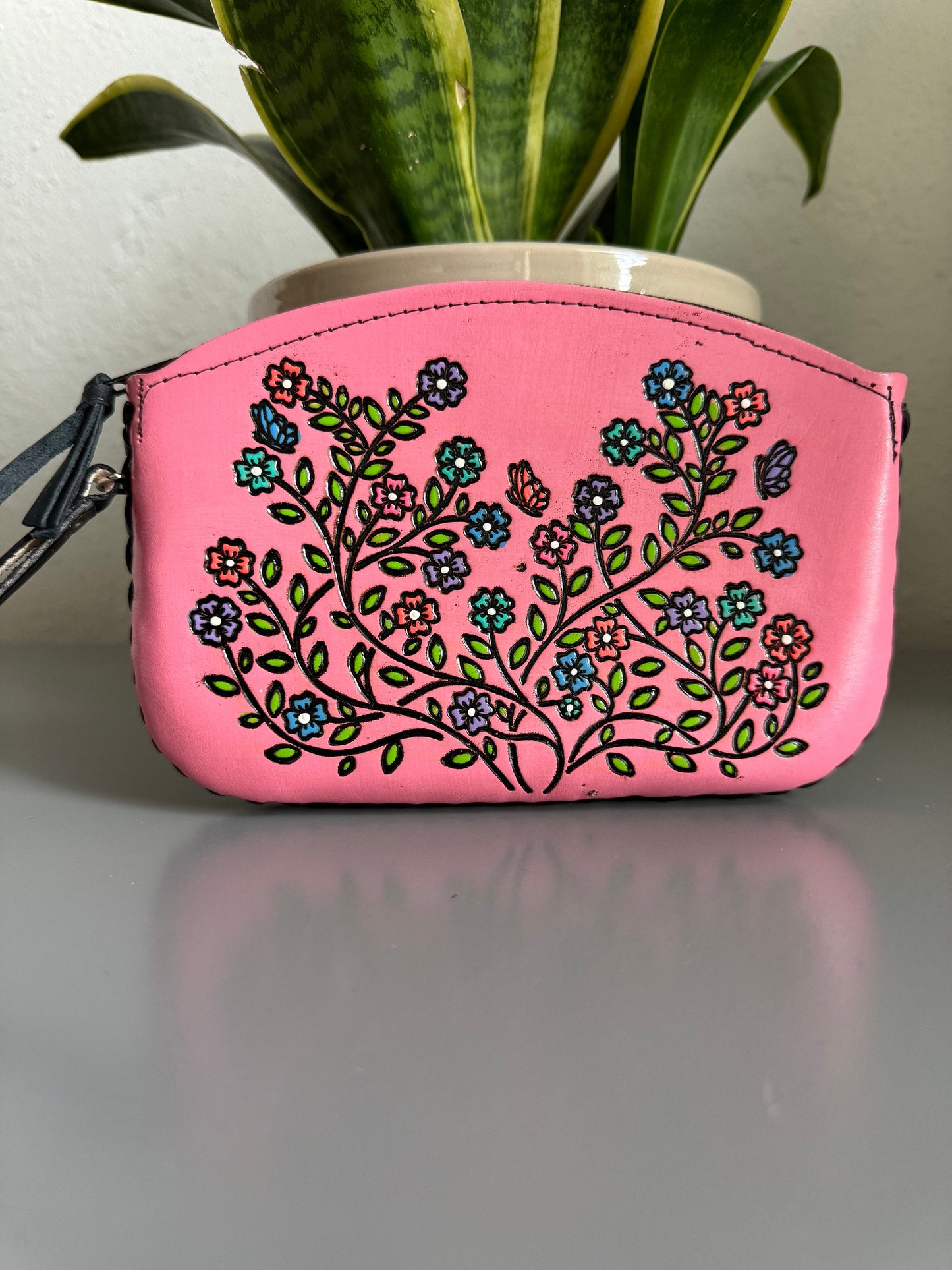 Hand-Tooled Embossed Leather Floral Wristlet, Genuine Mexican Leather Bag