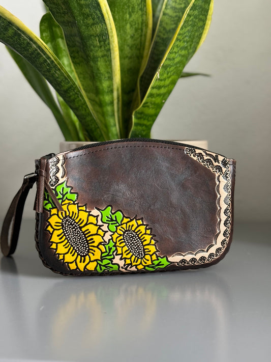 Hand-Tooled Embossed Leather Floral Sunflower Wristlet, Genuine Mexican Leather Bag