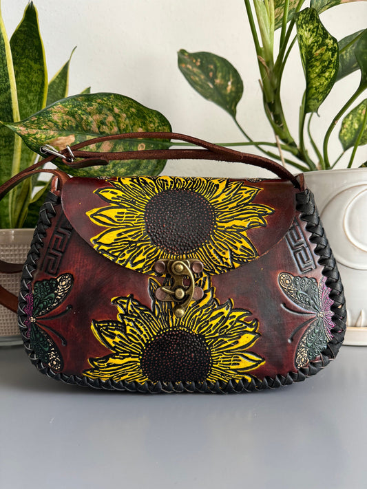 Leather Hand-Tooled Embossed Mexican Floral Handbag / Handmade Sunflower Butterfly Purse/ Artesanal Bag