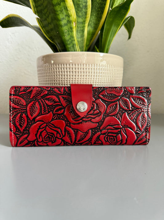 Hand Tooled Leather Rose Wallet, Artisan Bi-Fold, Mexican Leather
