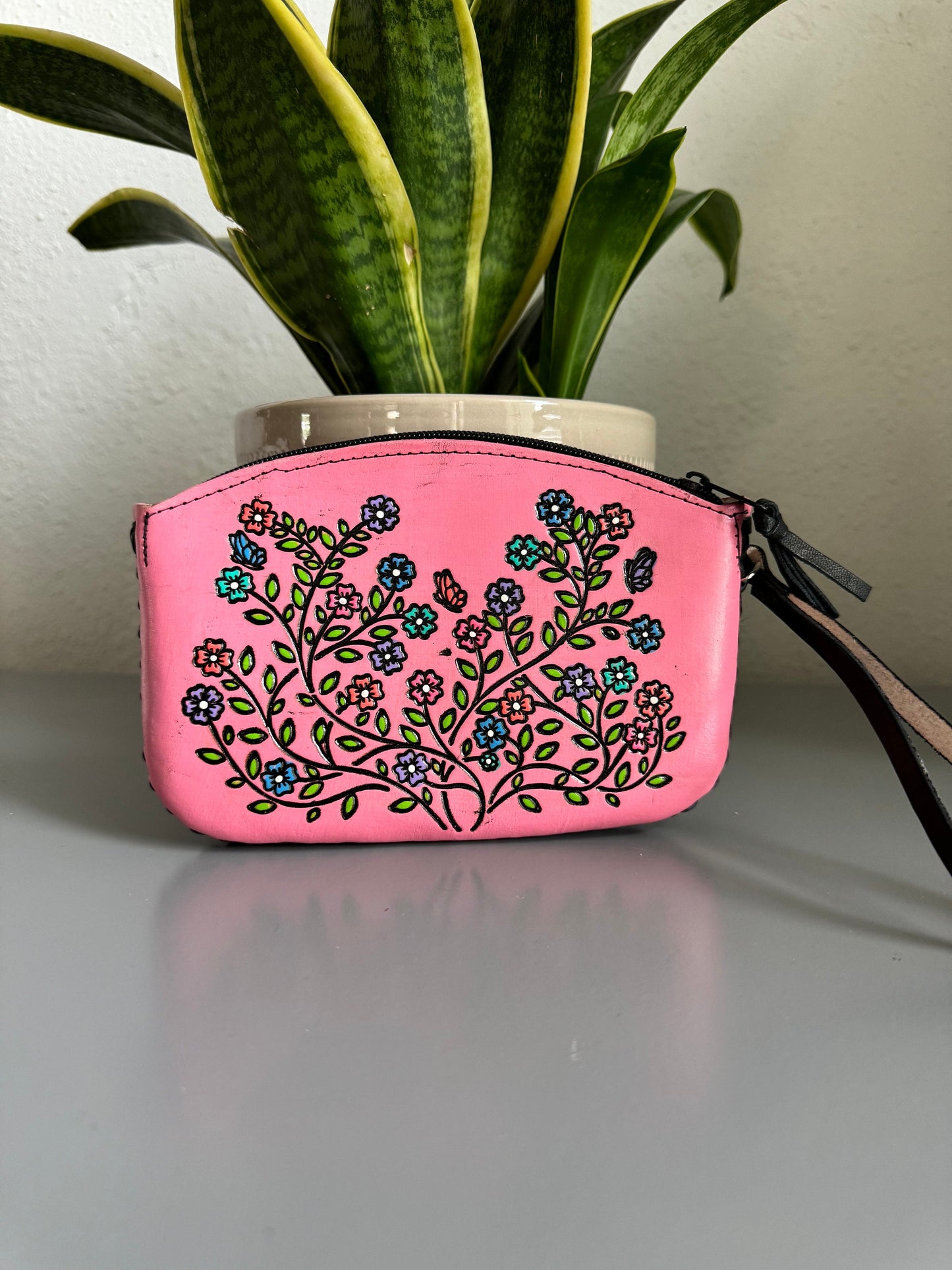 Hand-Tooled Embossed Leather Floral Wristlet, Genuine Mexican Leather Bag