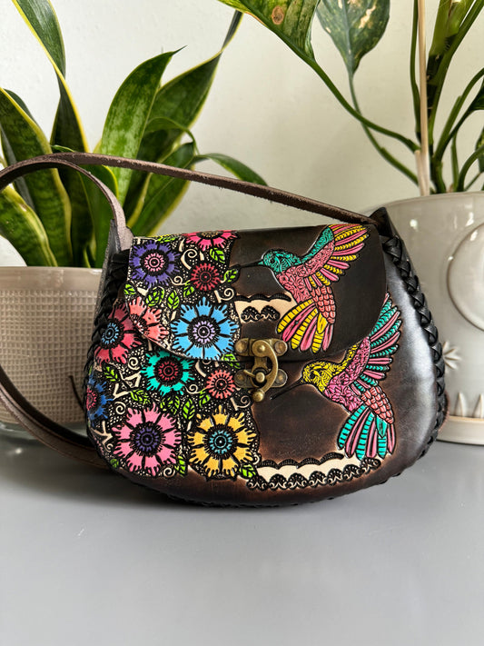 Hand-Tooled Leather Hummingbird Purse,  Handmade Mexican Bag, Bolsa de Piel, Artesania Mexicana