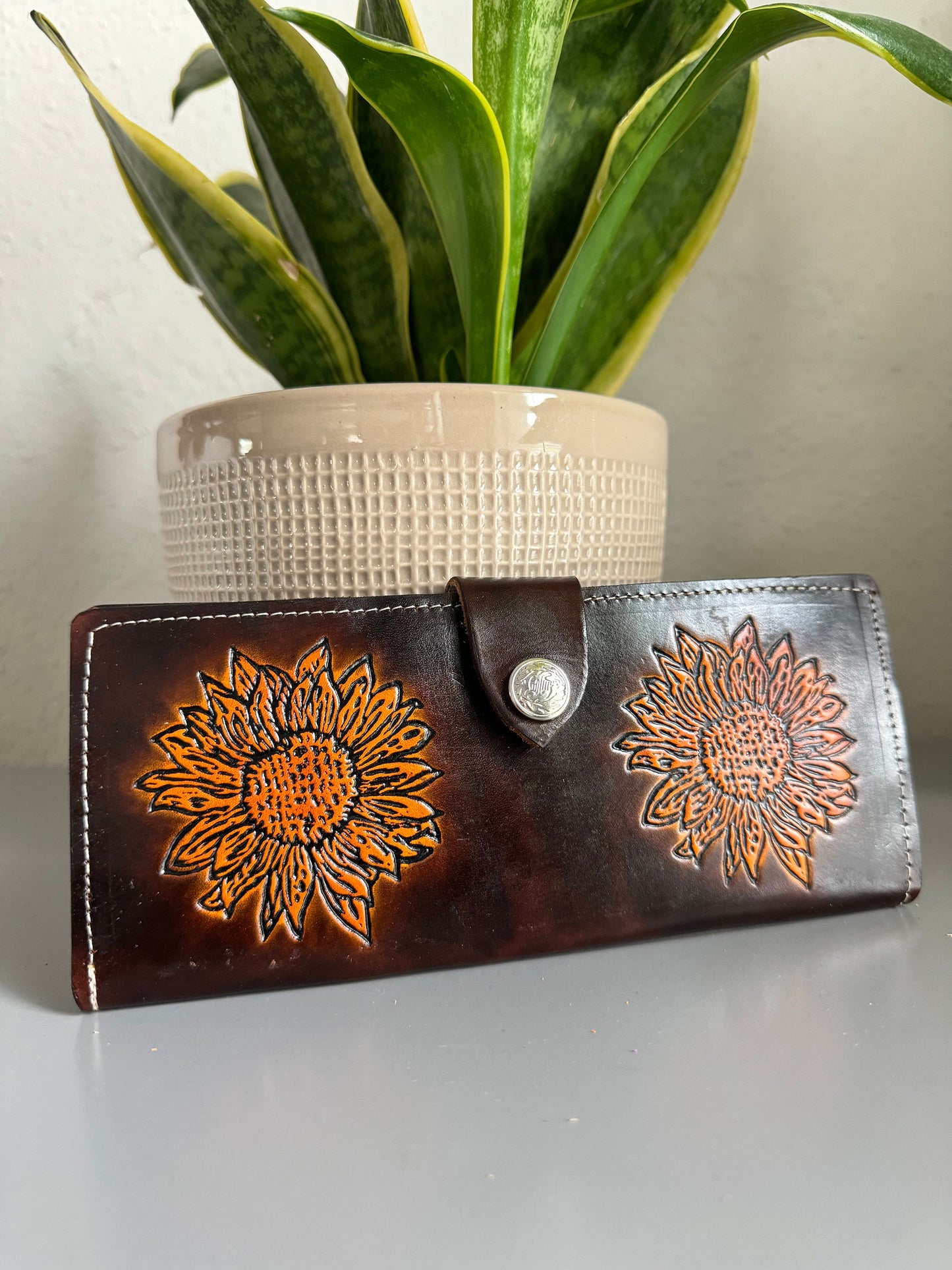 Hand Tooled Leather Wallet, Genuine Handmade Artisan Leather Sunflower Wallet, Mexican Moderno De Piel