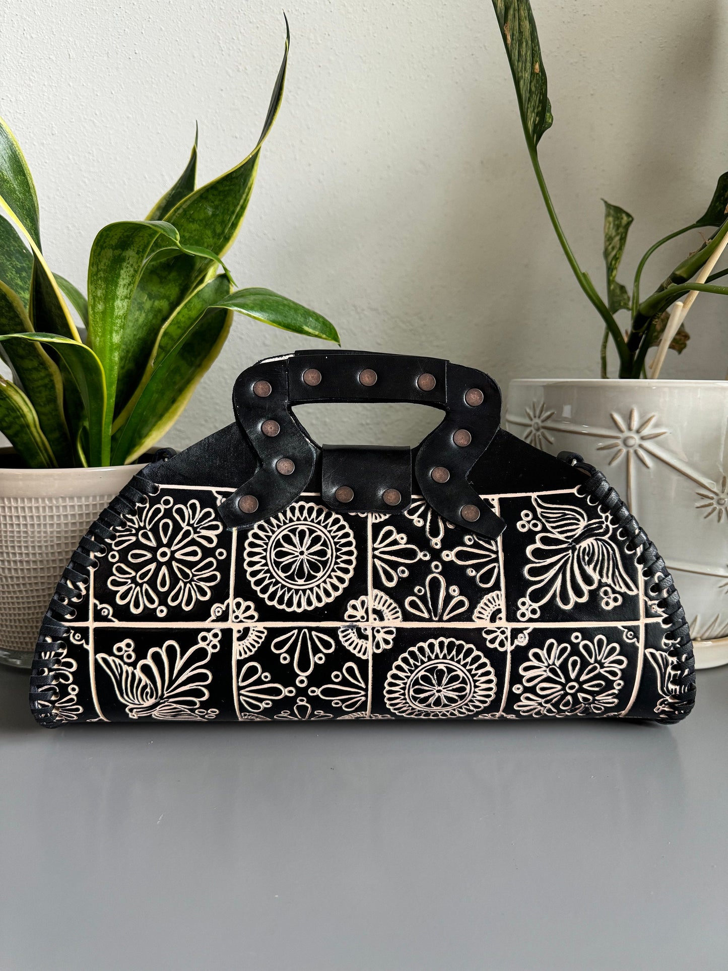 Leather Hand-Tooled Embossed Mexican Floral Handbag, Handmade Traditional Purse, Artesanal Bag