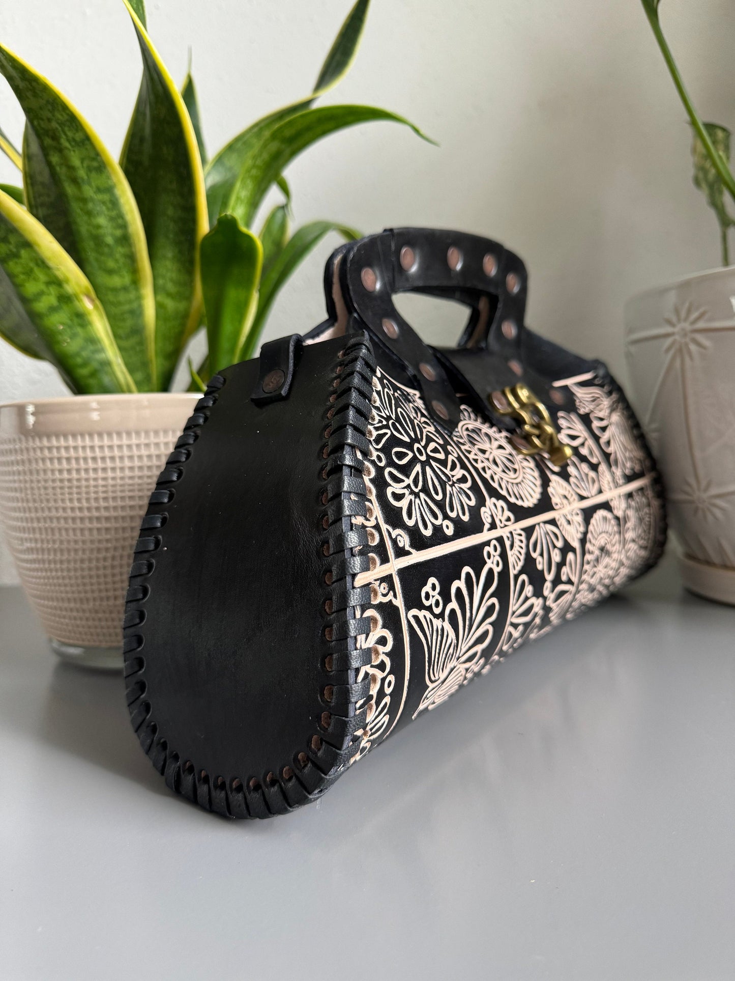 Leather Hand-Tooled Embossed Mexican Floral Handbag, Handmade Traditional Purse, Artesanal Bag