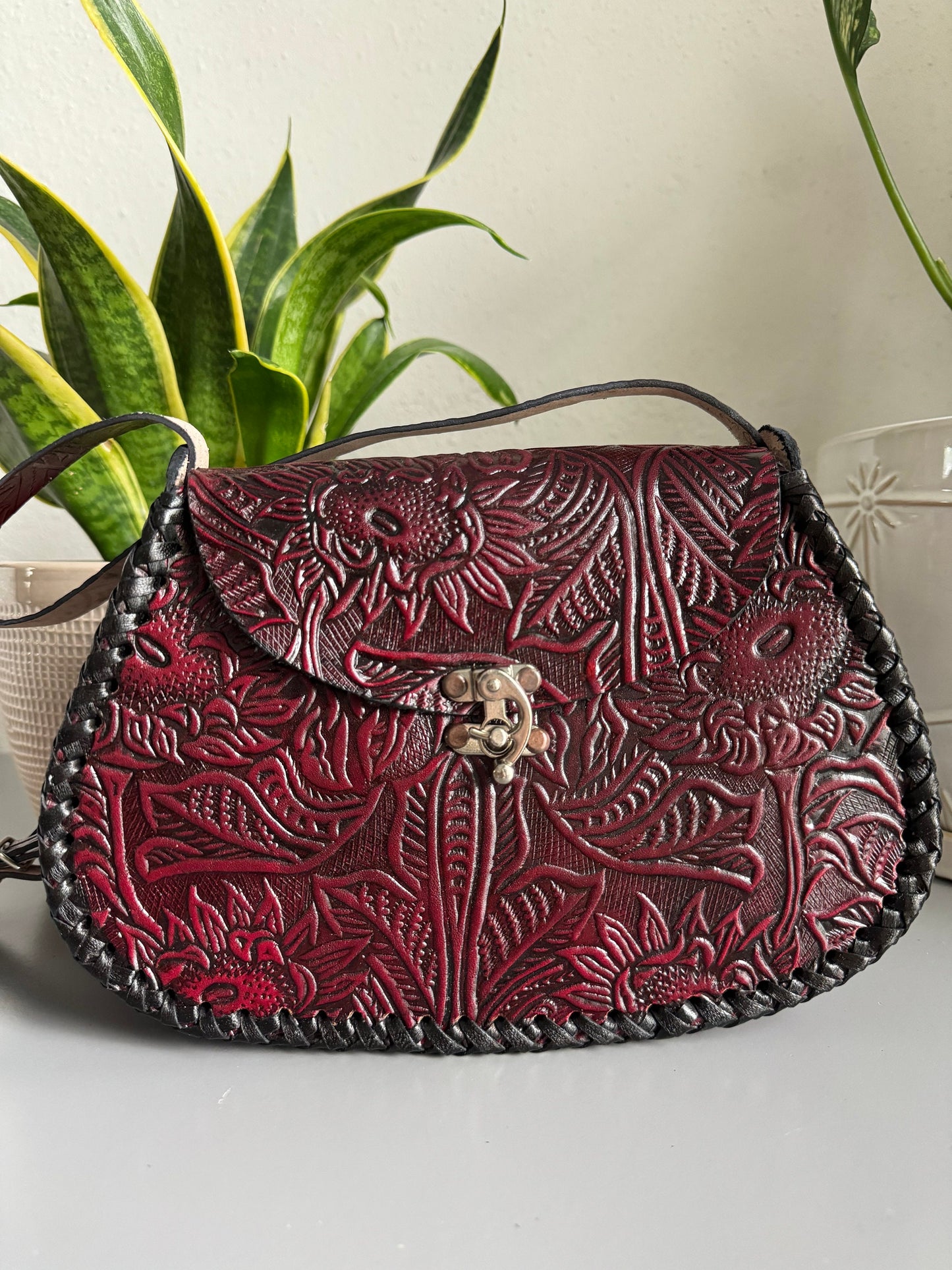 Leather Hand-Tooled Embossed Mexican Floral Handbag, Handmade Floral Sunflower Purse, Artesanal Bag