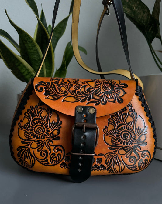 Leather Hand-Tooled Embossed Mexican Floral Purse, Handmade Handbag, Artesanal