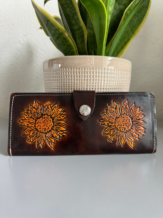 Hand Tooled Leather Wallet, Genuine Handmade Artisan Leather Sunflower Wallet, Mexican Moderno De Piel