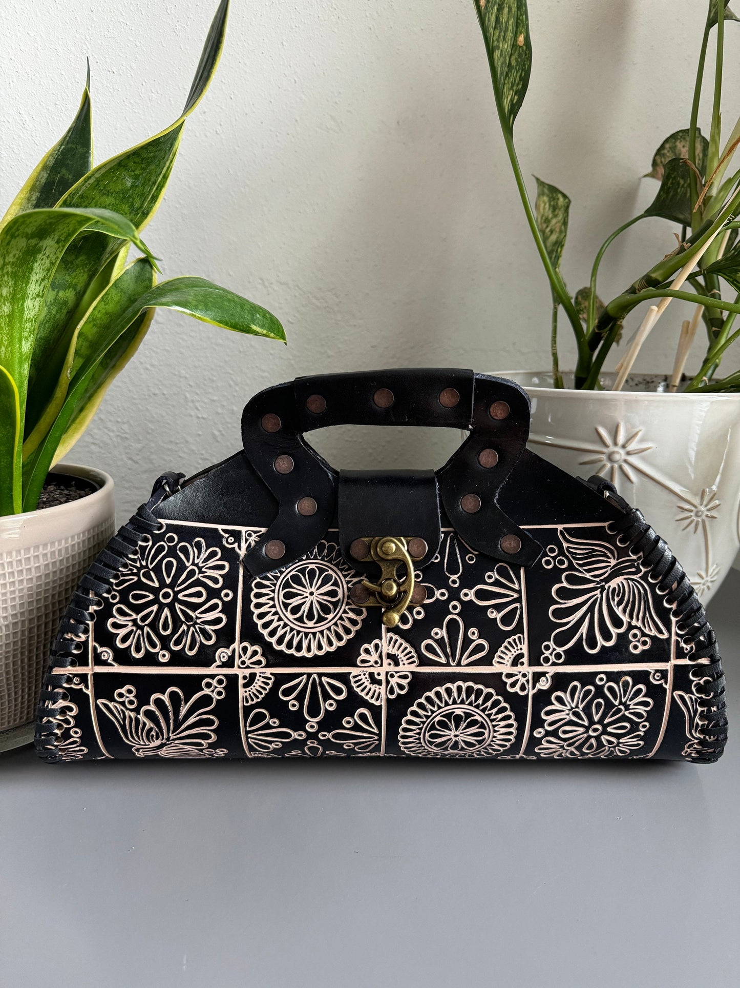 Leather Hand-Tooled Embossed Mexican Floral Handbag, Handmade Traditional Purse, Artesanal Bag