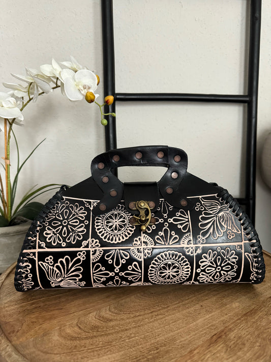 Leather Hand-Tooled Embossed Mexican Floral Handbag, Handmade Traditional Purse, Artesanal Bag