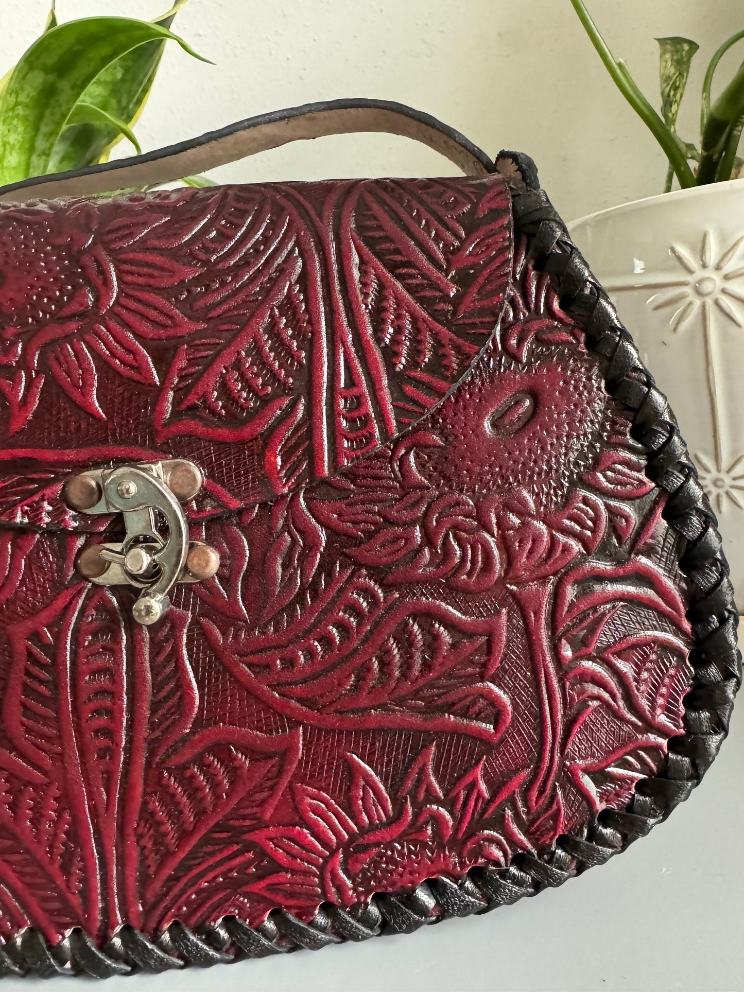 Leather Hand-Tooled Embossed Mexican Floral Handbag, Handmade Floral Sunflower Purse, Artesanal Bag