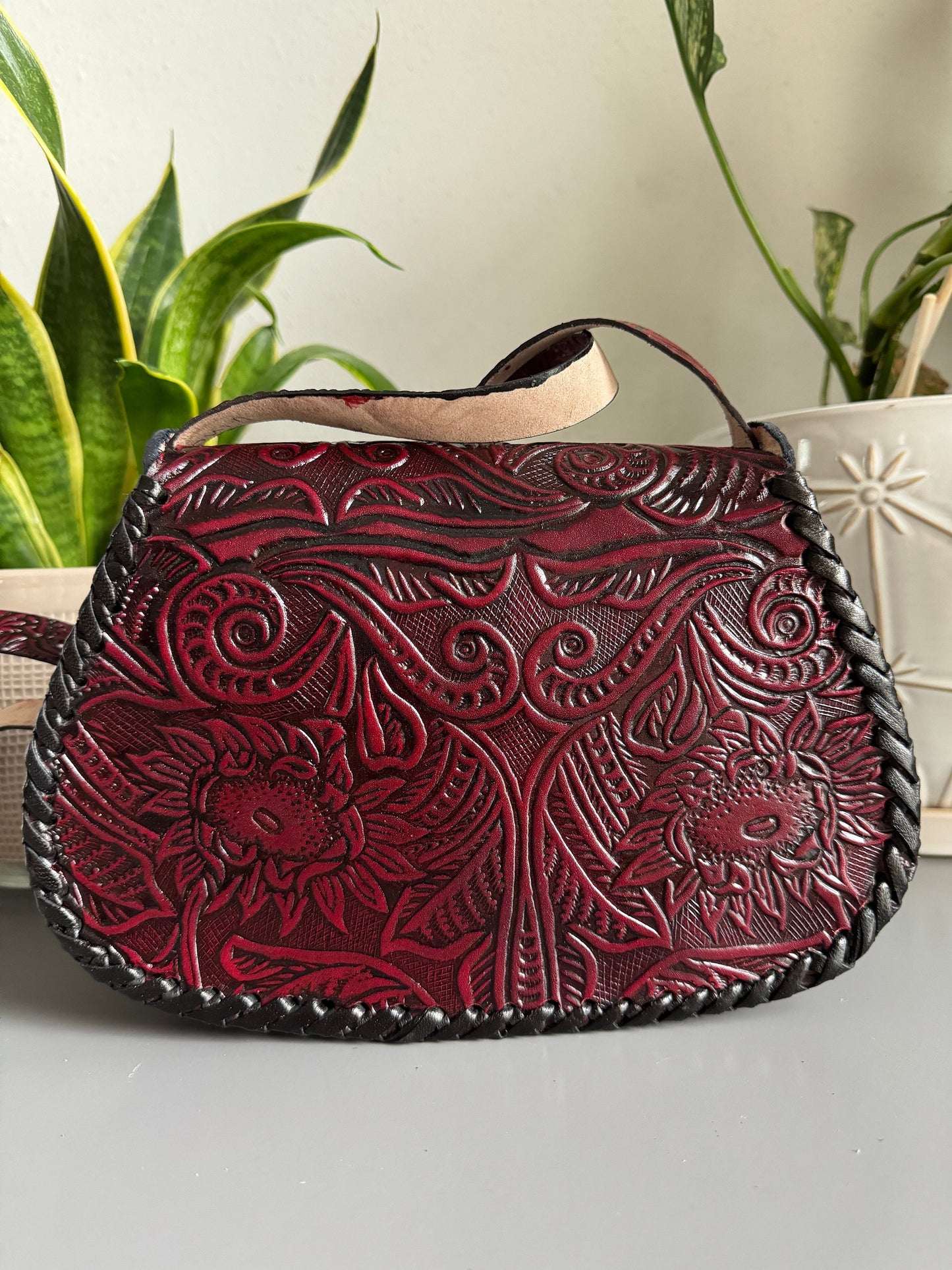 Leather Hand-Tooled Embossed Mexican Floral Handbag, Handmade Floral Sunflower Purse, Artesanal Bag