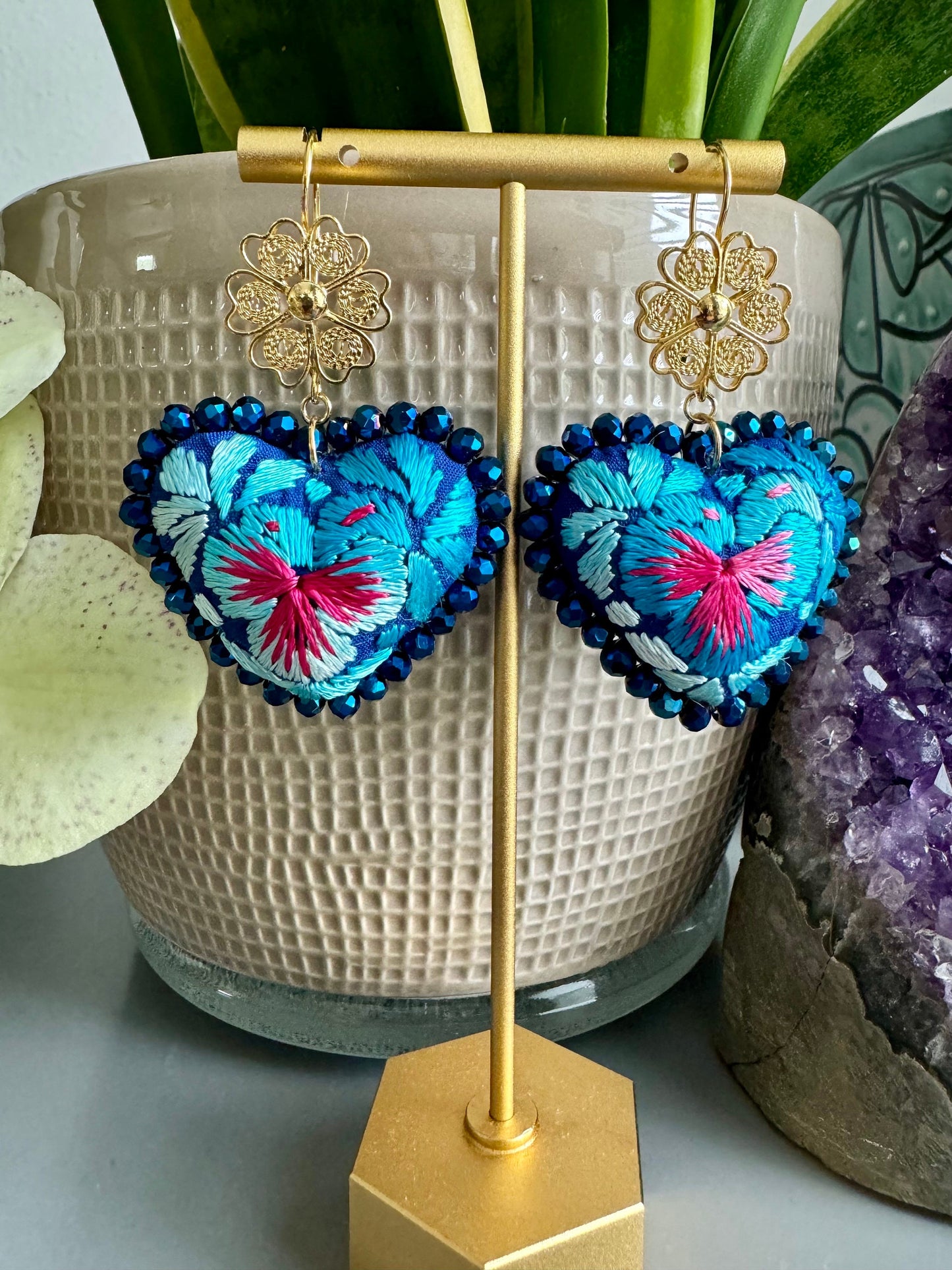 Embroidered Heart Earrings: Mexican Filigree, Hand-Beaded