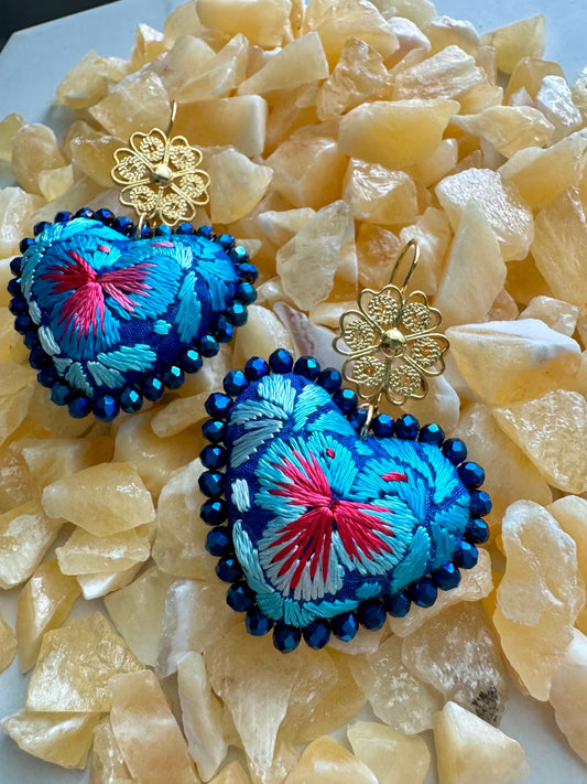 Embroidered Heart Earrings: Mexican Filigree, Hand-Beaded
