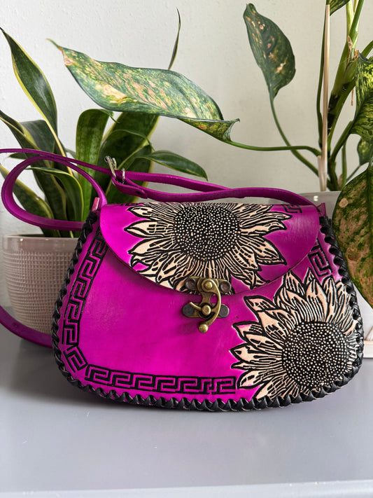 Leather Hand-Tooled Embossed Mexican Floral Handbag / Handmade Sunflower Purse/ Artesanal Bag