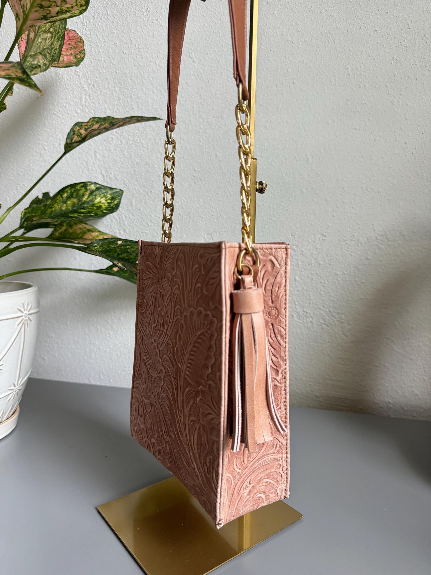 Hand-Tooled Leather Crossbody Purse: Embossed Floral Design, Handmade Mexican Bag