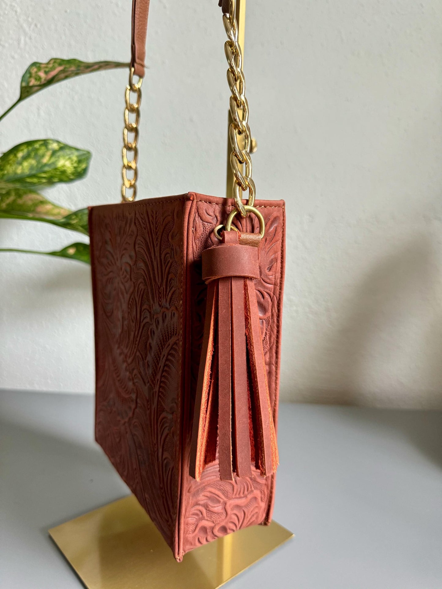 Hand-Tooled Leather Crossbody Bag: Embossed Floral Design, Handmade Mexican Purse