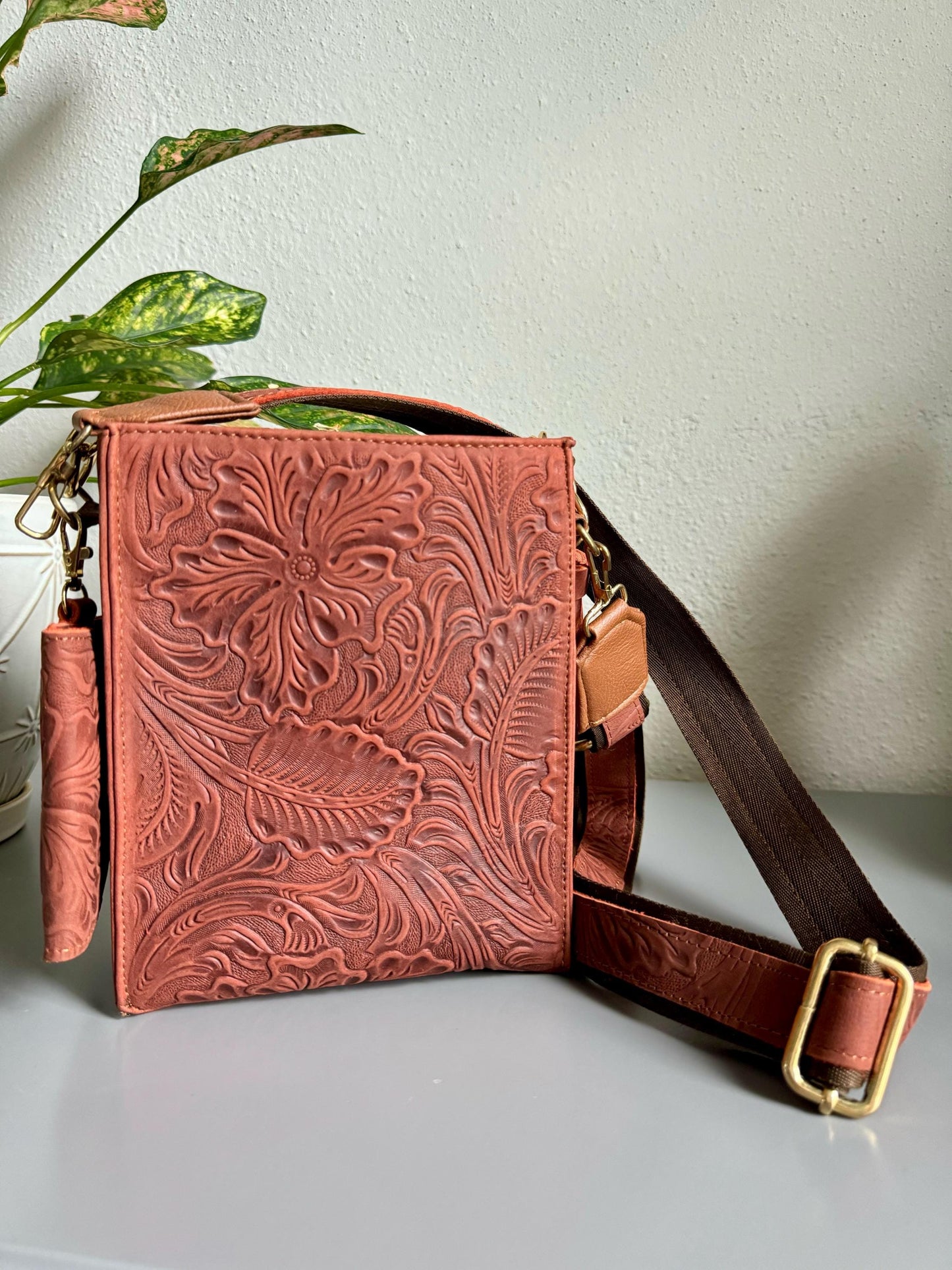 Hand-Tooled Leather Crossbody Bag: Embossed Floral Design, Handmade Mexican Purse