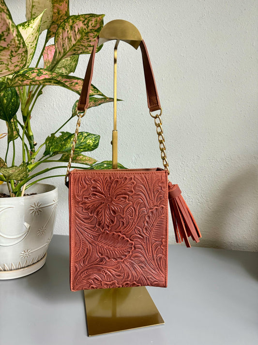 Hand-Tooled Leather Crossbody Bag: Embossed Floral Design, Handmade Mexican Purse