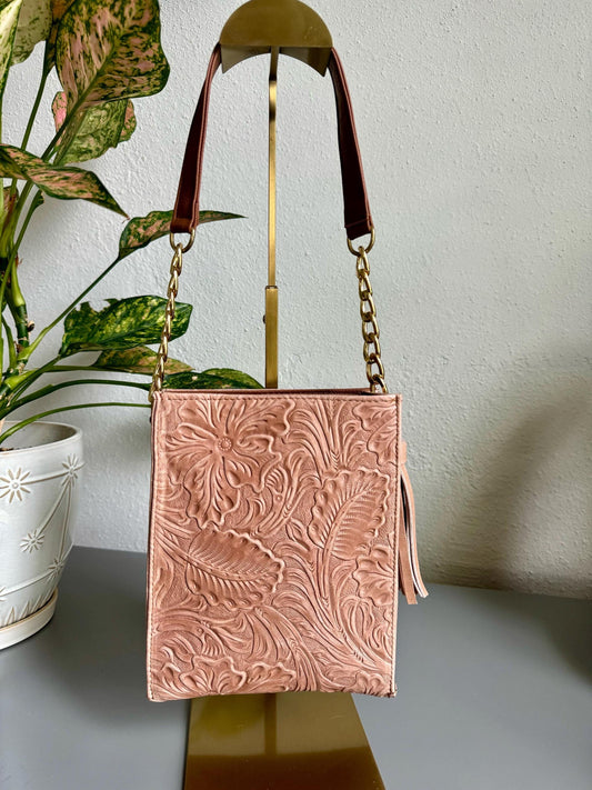 Hand-Tooled Leather Crossbody Purse: Embossed Floral Design, Handmade Mexican Bag