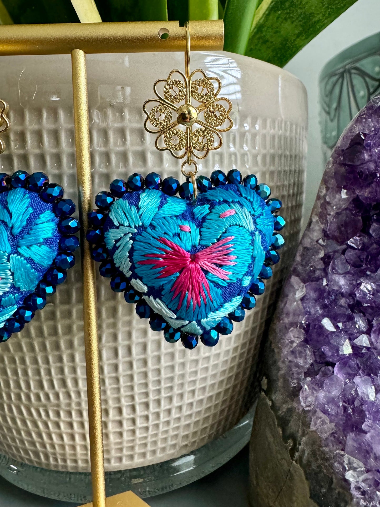 Embroidered Heart Earrings: Mexican Filigree, Hand-Beaded