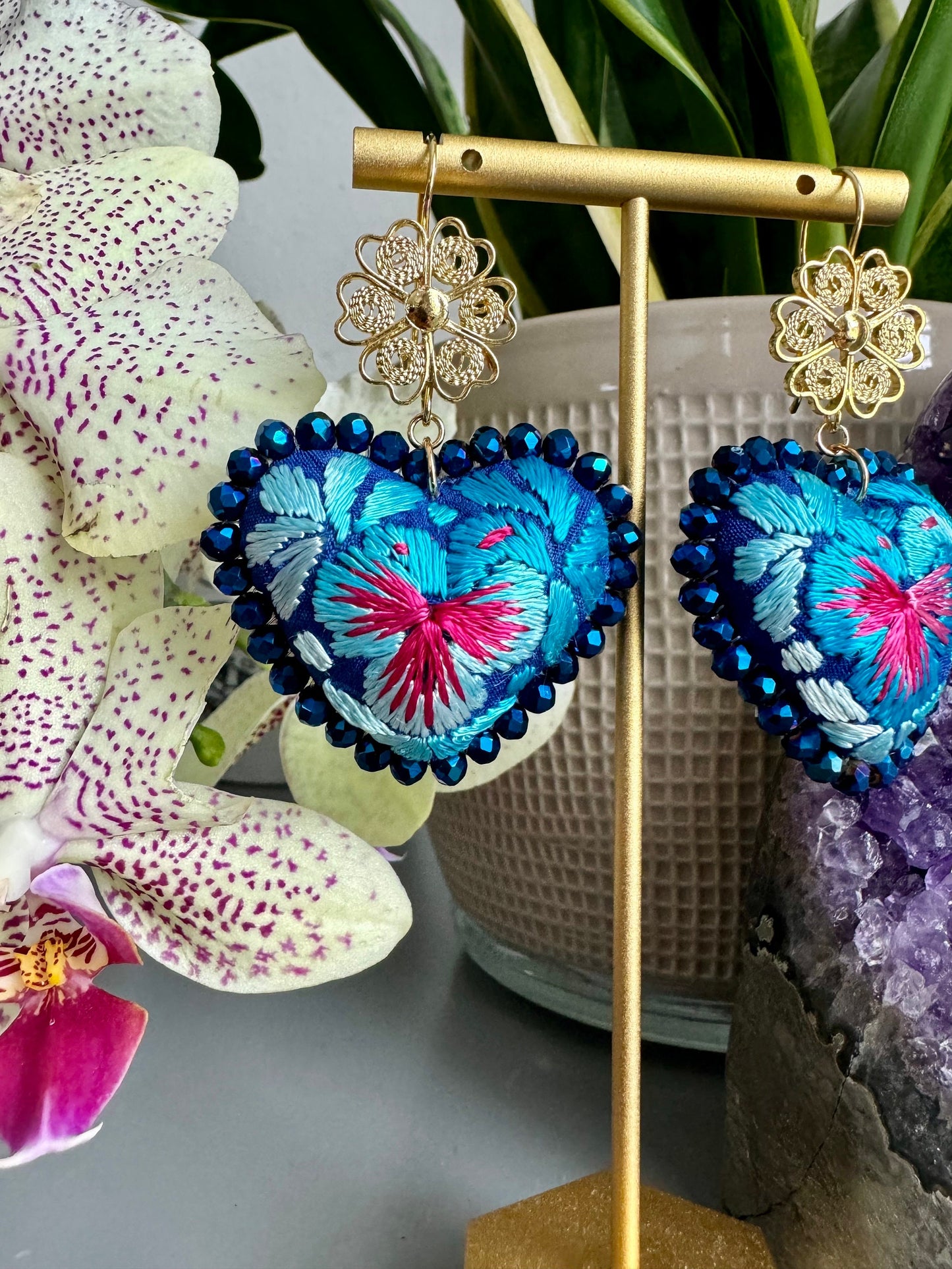 Embroidered Heart Earrings: Mexican Filigree, Hand-Beaded