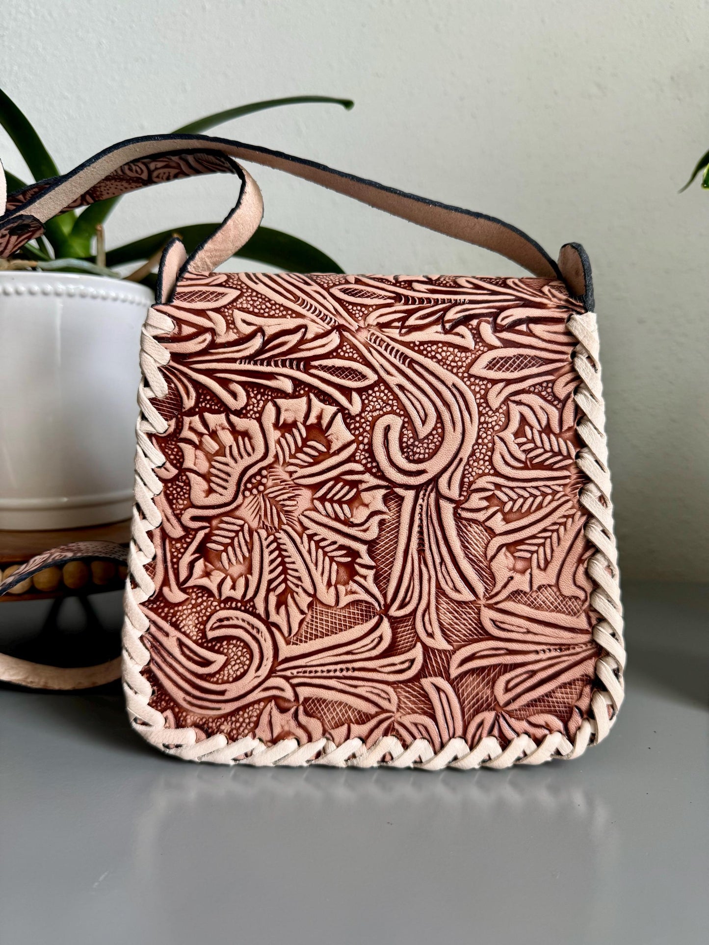 Leather Hand-Tooled Embossed Mexican Floral Purse, Handmade Women's Handbag, Artesanal