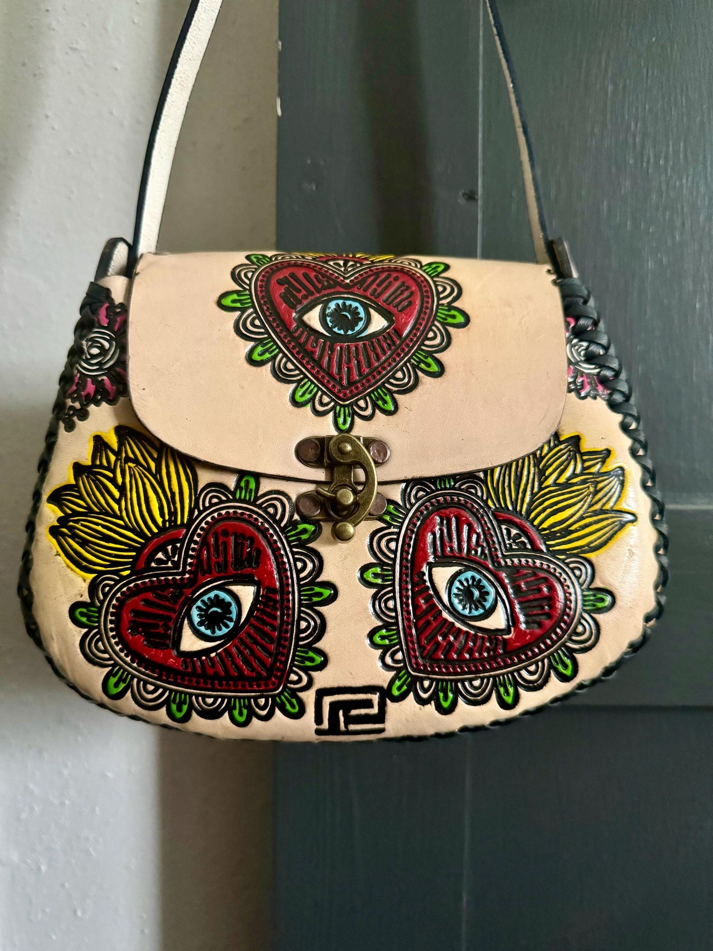 Hand-Tooled Leather Purse, Embossed Floral Evil Eye, Mexican Handbag