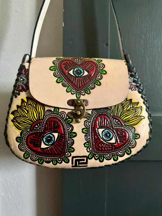 Hand-Tooled Leather Purse, Embossed Floral Evil Eye, Mexican Handbag