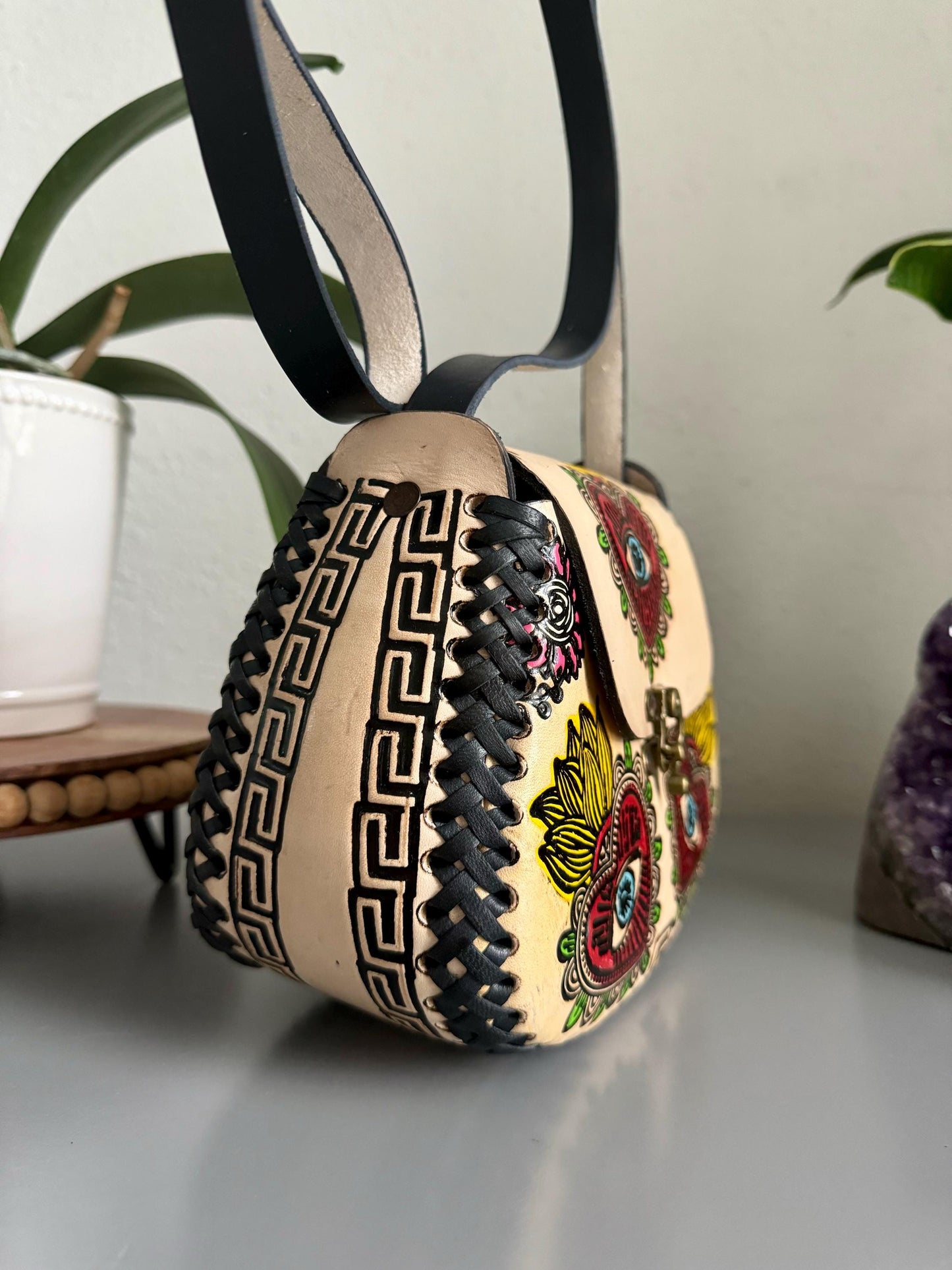 Hand-Tooled Leather Purse, Embossed Floral Evil Eye, Mexican Handbag