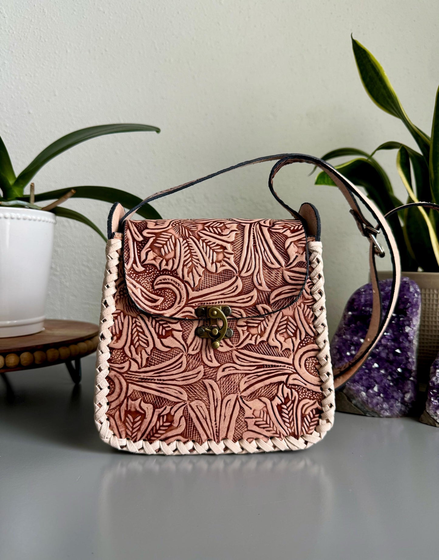 Leather Hand-Tooled Embossed Mexican Floral Purse, Handmade Women's Handbag, Artesanal
