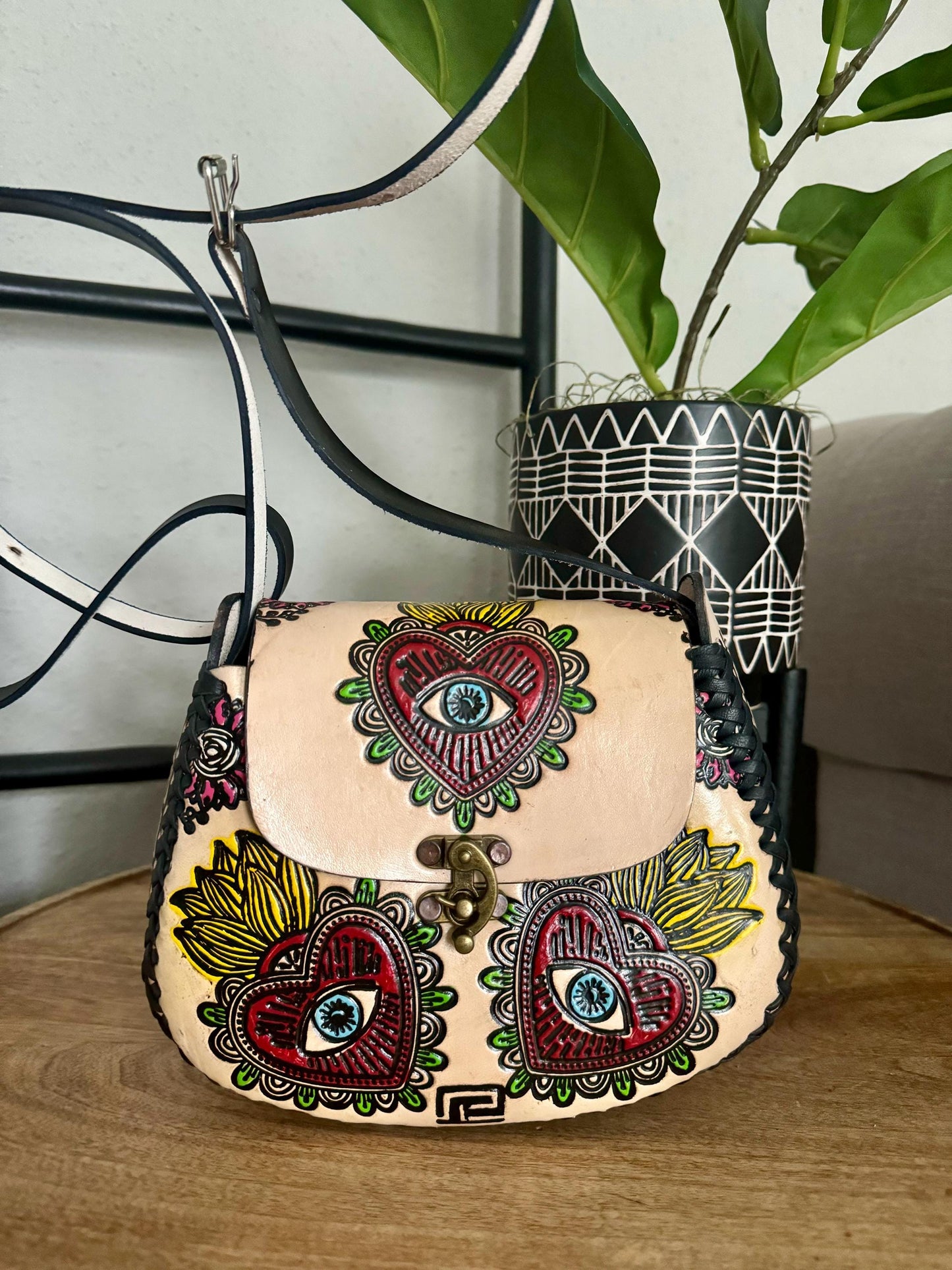 Hand-Tooled Leather Purse, Embossed Floral Evil Eye, Mexican Handbag