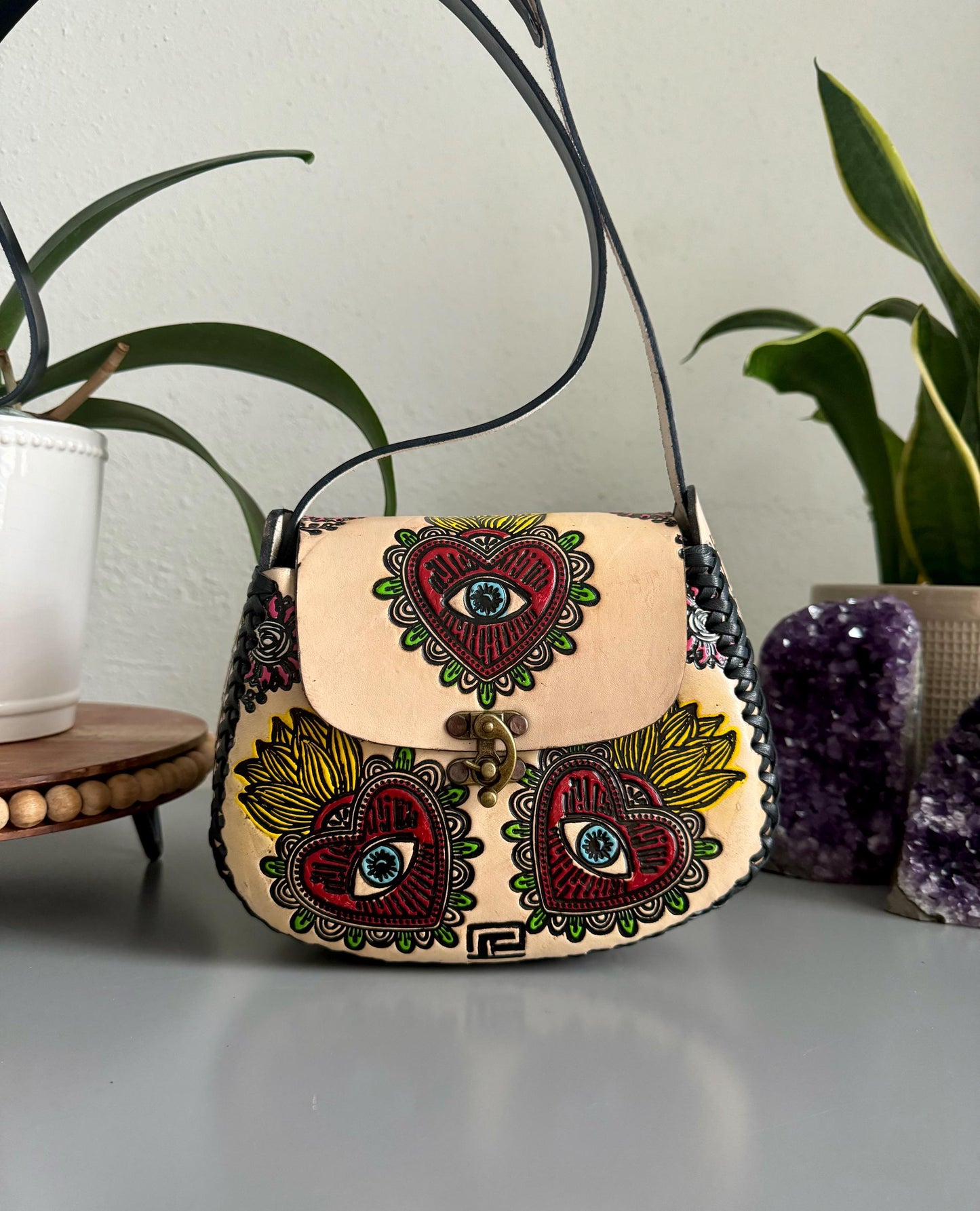 Hand-Tooled Leather Purse, Embossed Floral Evil Eye, Mexican Handbag